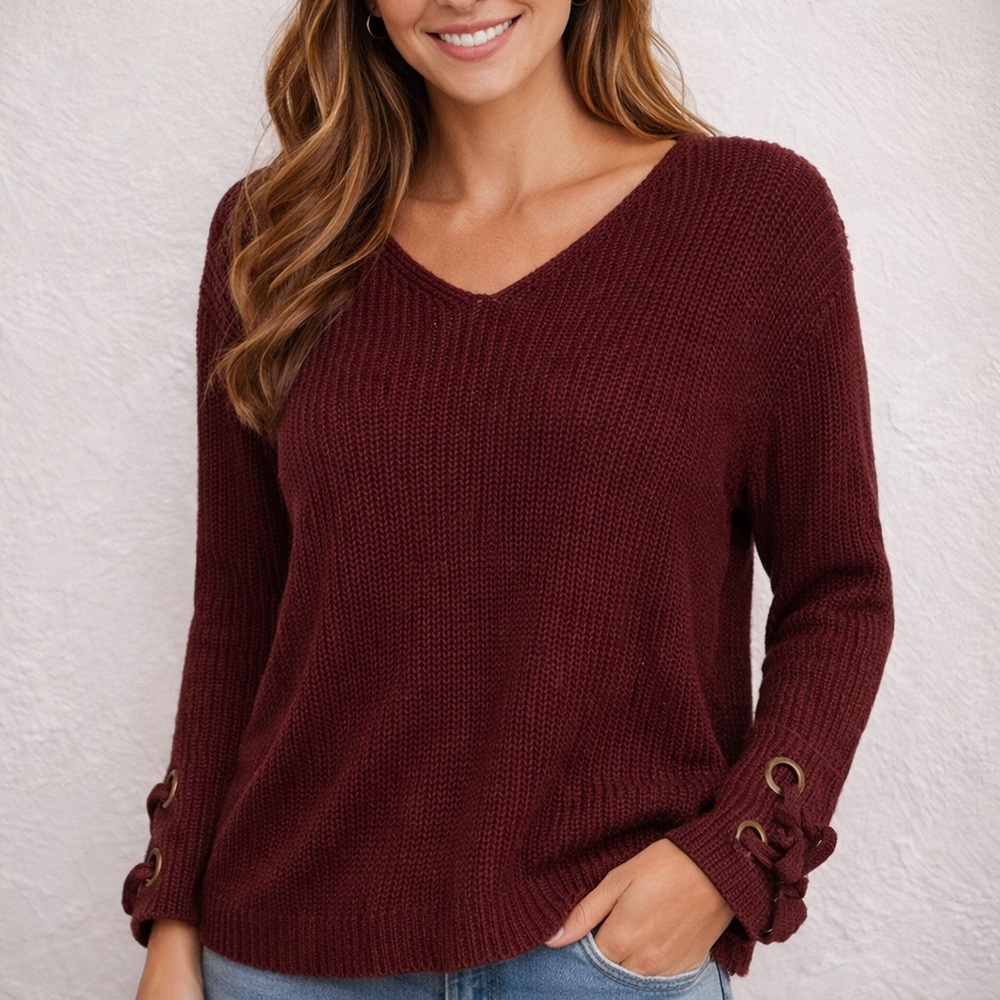 Active USA Burgundy Lace-Up Sleeve Sweater | Size Small